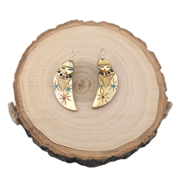 Genuine Zuni Corn Maiden Yellow Shell Kachina Dangle Earrings Southwest Jewelry* - Picture 1 of 11